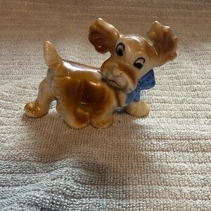 Vintage porcelain puppy figurine with Blue Bow. Made in Japan